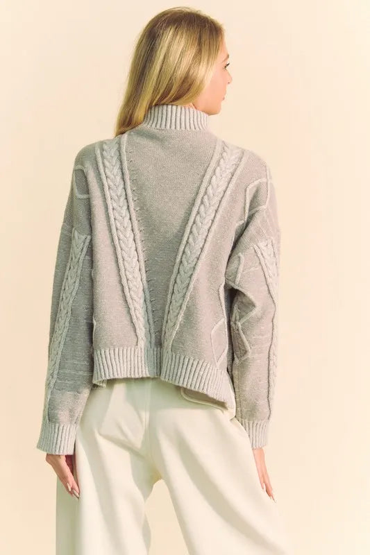 Cable Knit Turtleneck Drop Shoulder Sweater in Gray back view