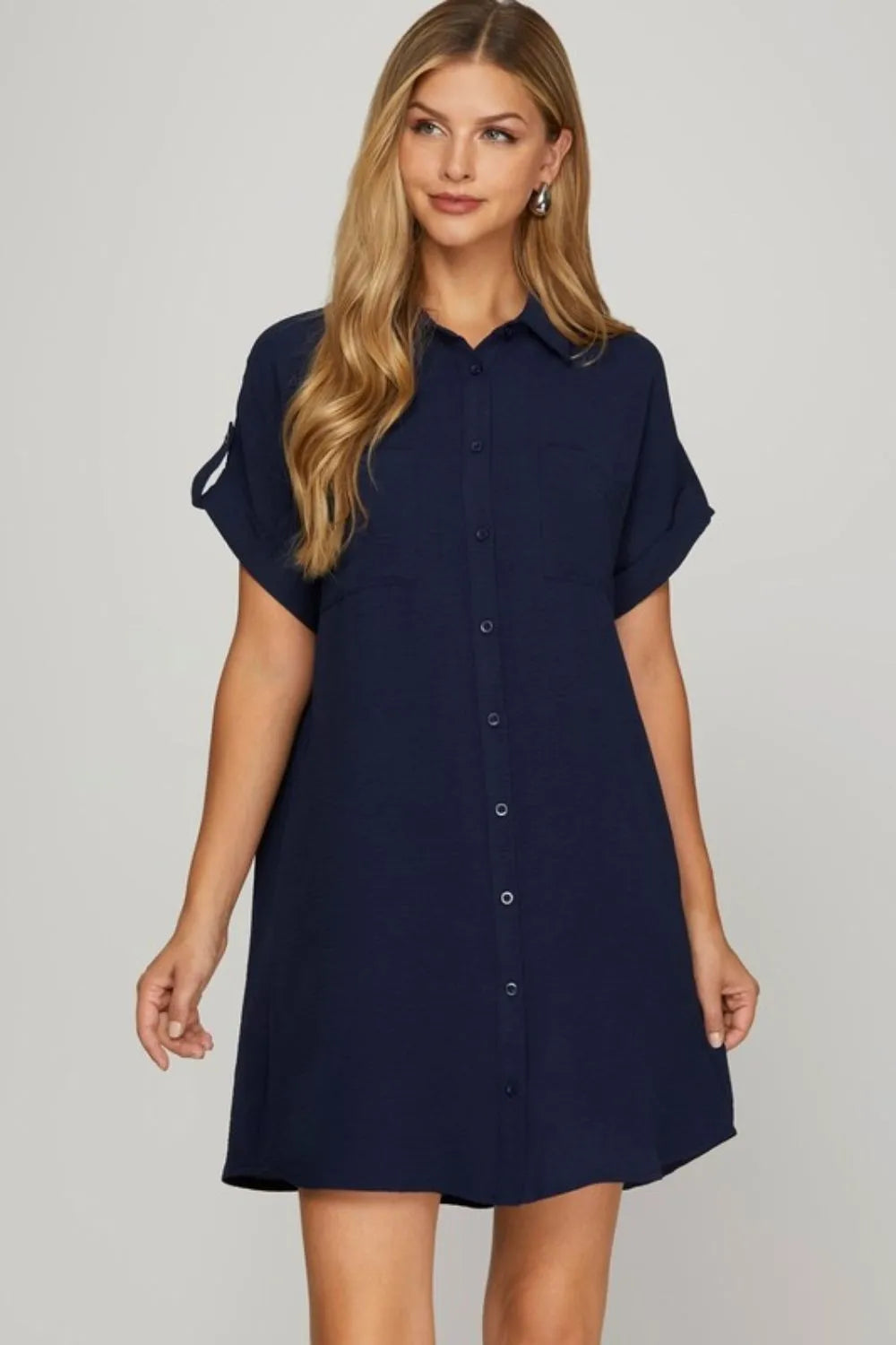 Button Down Short Sleeve Woven Shirt Dress