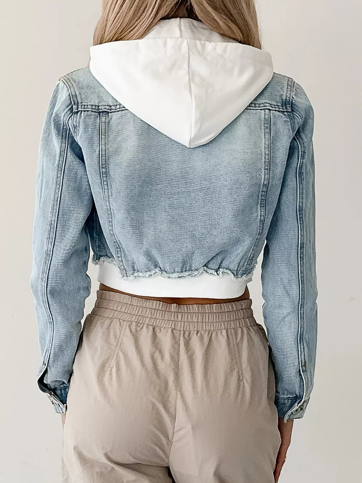Distressed Cropped Hooded Denim Jacket in Light Blue back view
