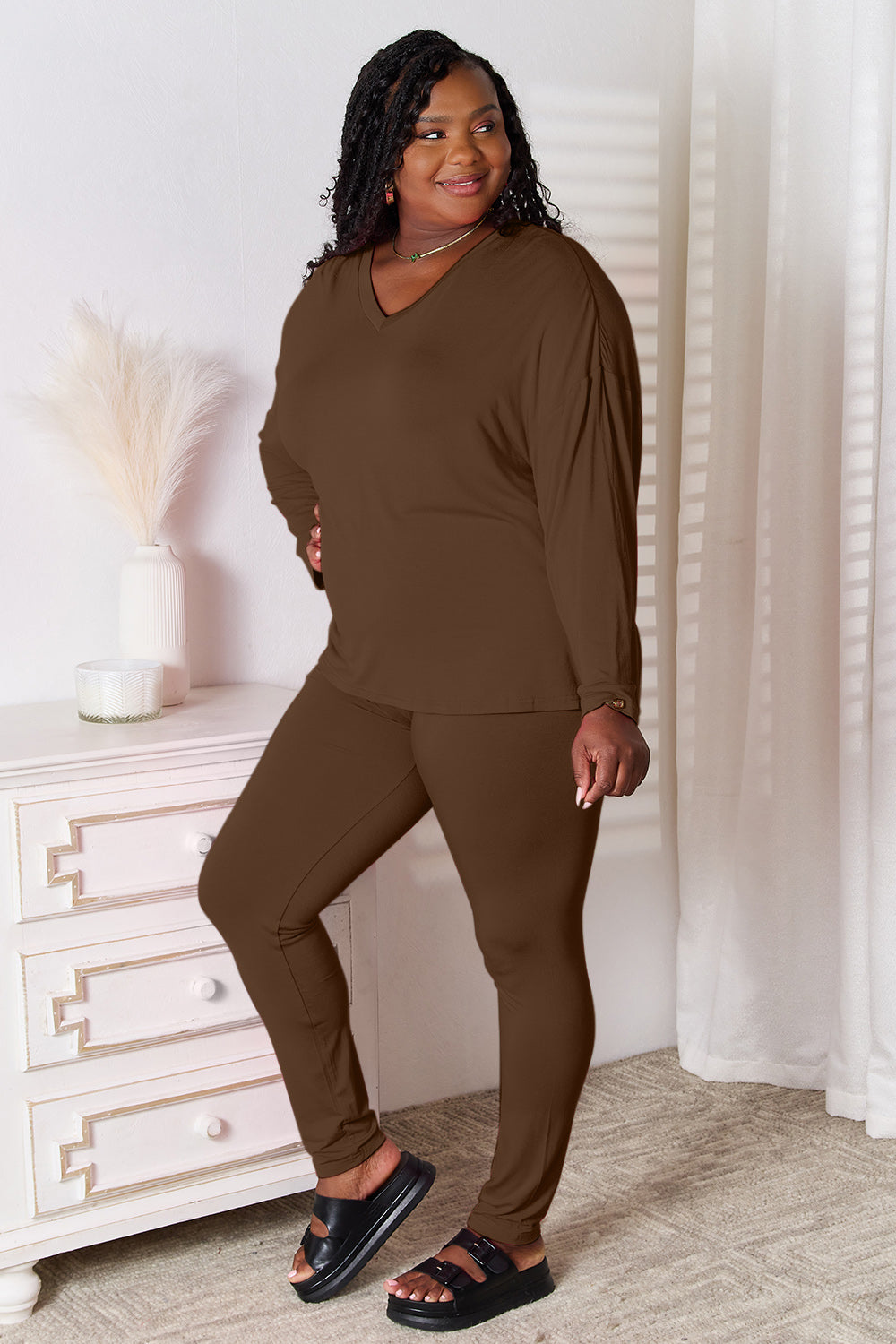 Basic Bae Full Size V-Neck Soft Rayon Long Sleeve Top and Pants Lounge Set Chocolate - Fashorio