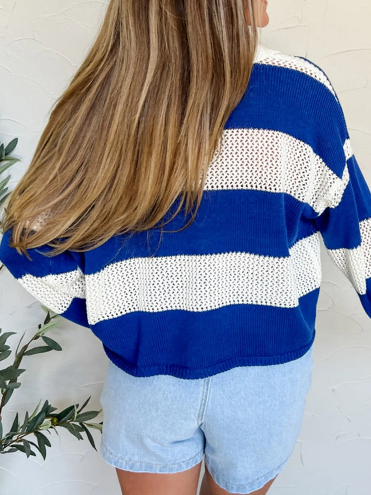 Dusty blue striped crochet polo cover up styled outfit view