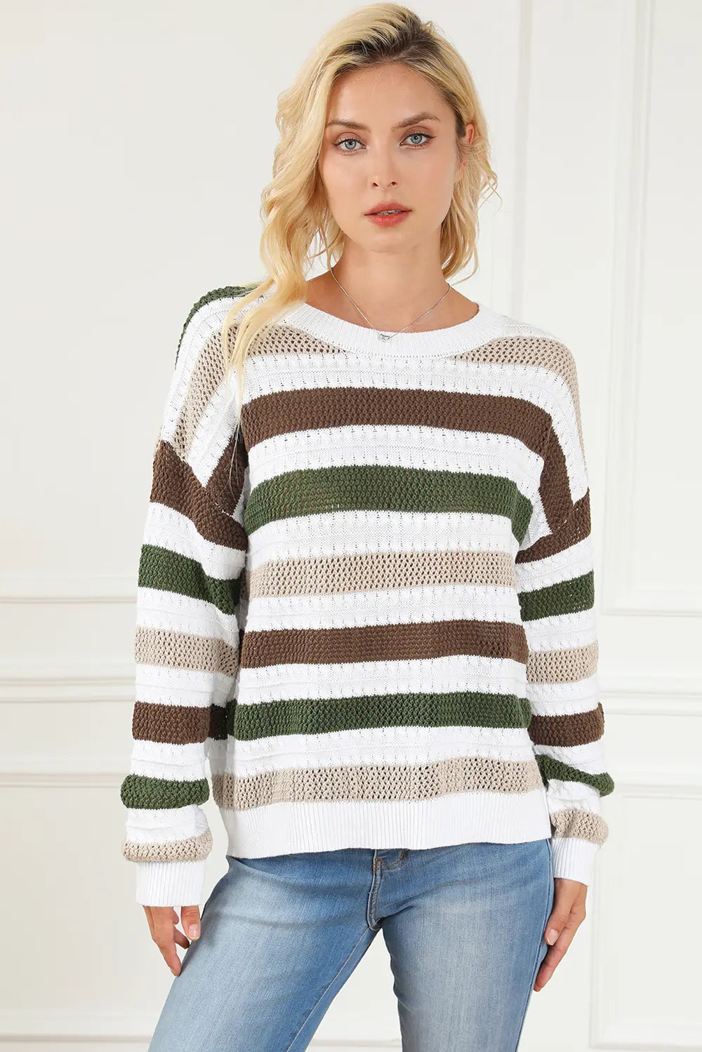 Striped Openwork Dropped Shoulder Sweater - Fashorio