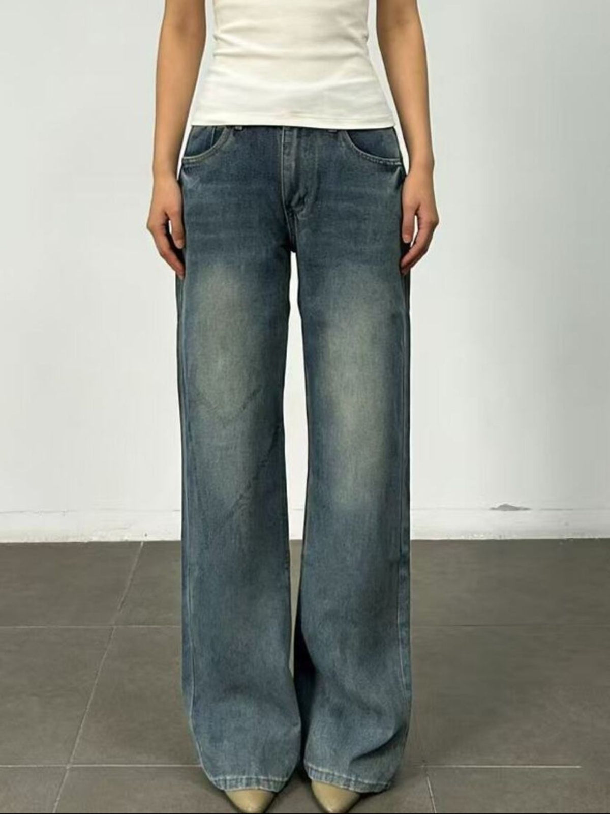 Side view of high rise wide leg jeans