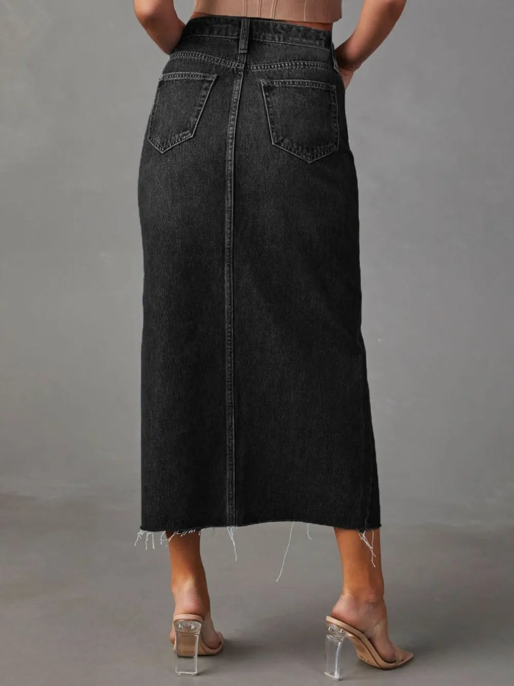 Denim midi skirt pocket detail