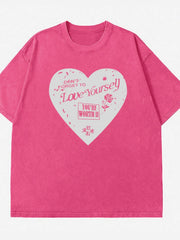 Heart Round Neck Short Sleeve T-Shirt Rose Red - Fashorio