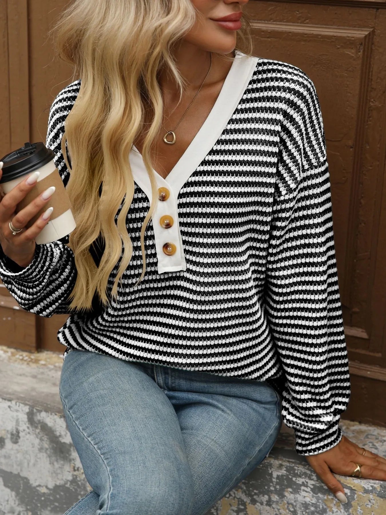 Striped V-Neck Button Front Casual Top - Fashorio