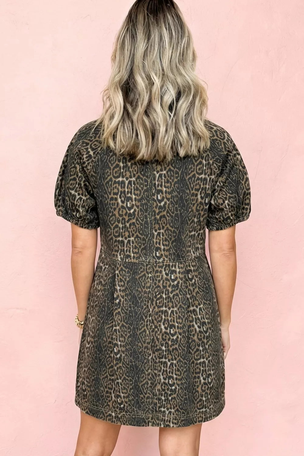Leopard print puff sleeve denim mini dress side view