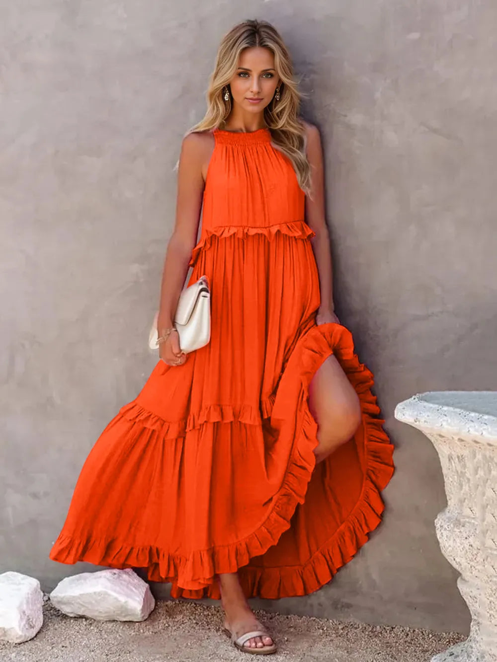 Ruffled Sleeveless Tiered Maxi Dress with Pockets Orange-Red - Fashorio