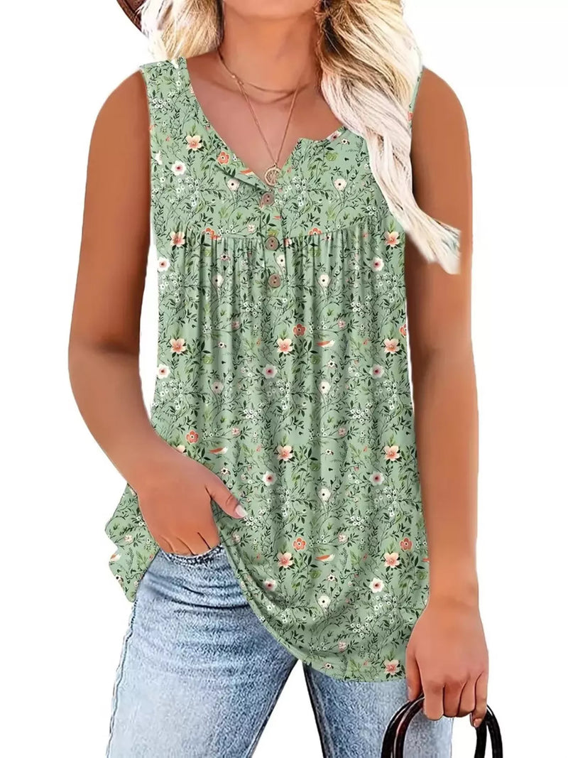 Floral print button detail tank top in light green front view