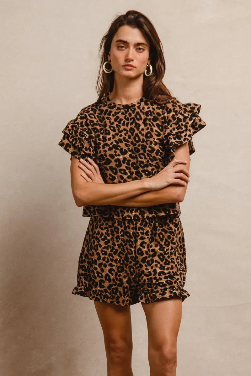 BiBi Leopard Print Waffle Texture Layered Ruffle Sleeve Top and Shorts Set - Fashorio