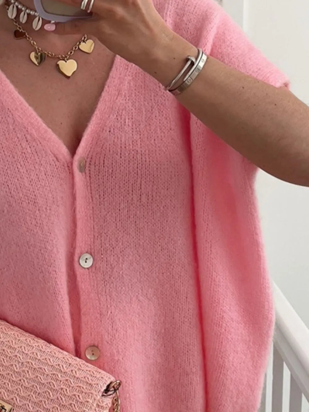 V-Neck Button Up Short Sleeve Cardigan - Fashorio