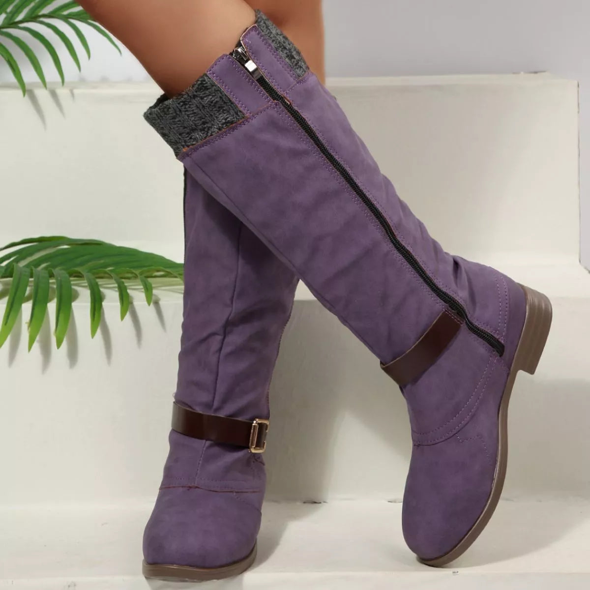 Green round toe block heels boots side profile view