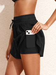 High Waisted Drawstring Swim Shorts Black - Fashorio
