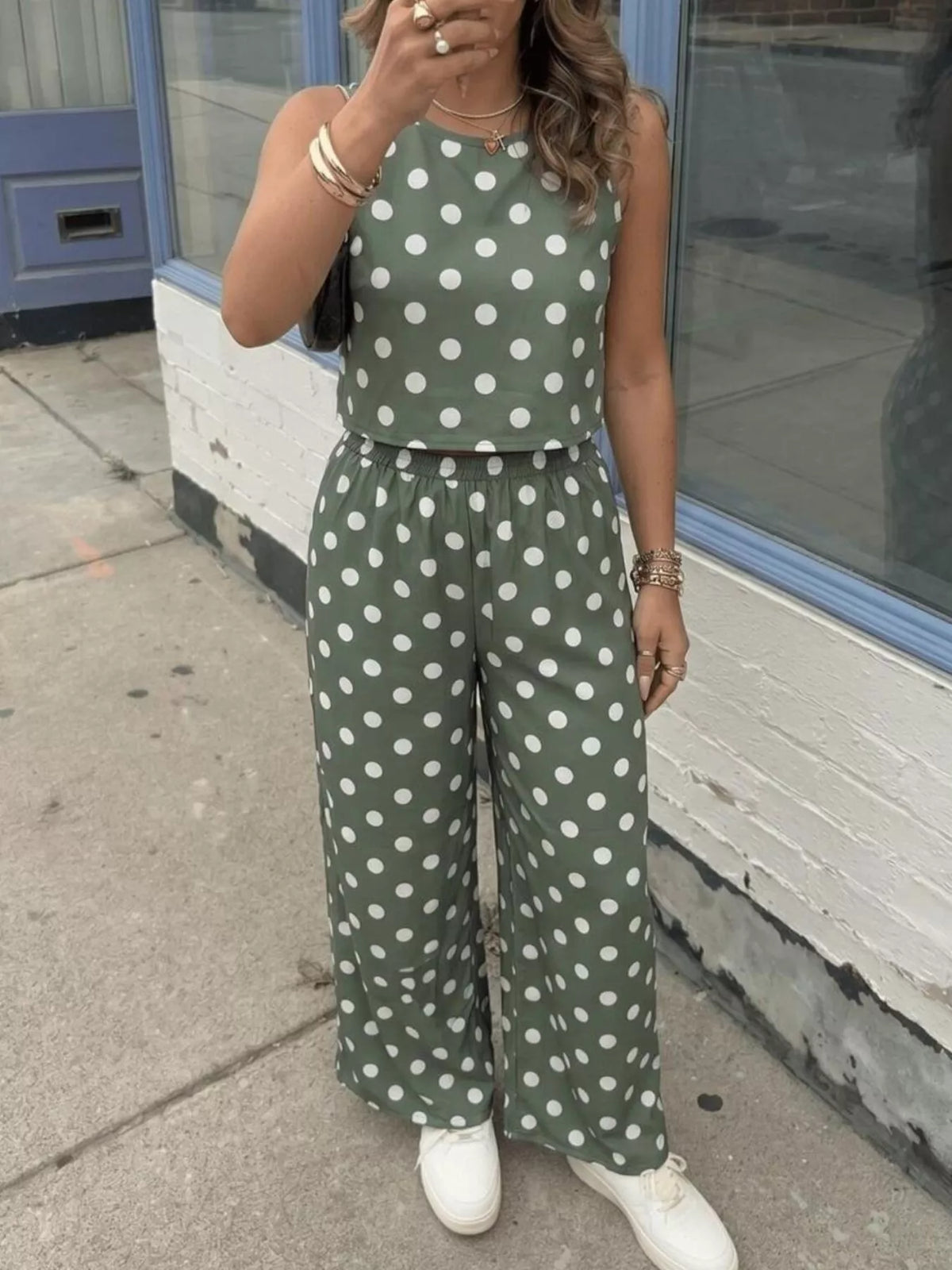 Coordinated polka dot set styled outfit