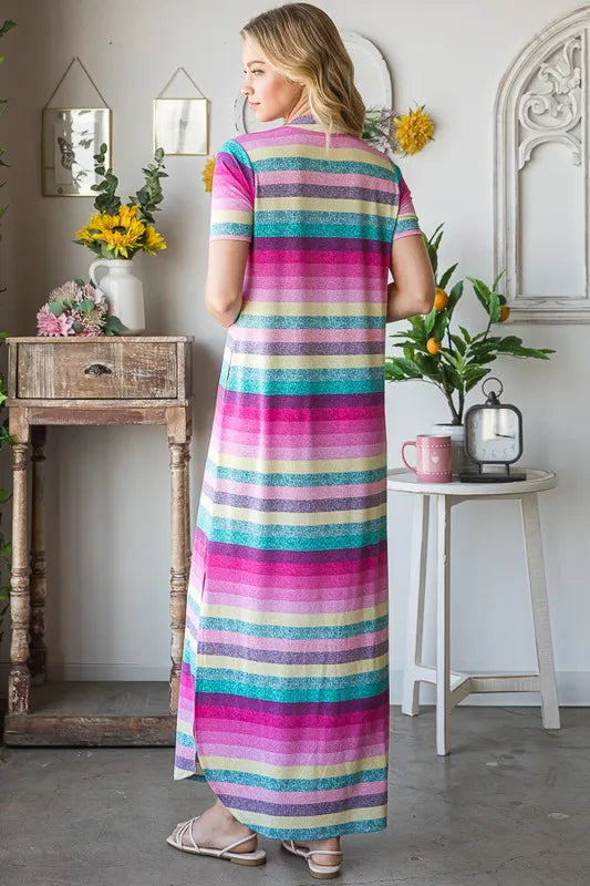 Striped maxi dress showing side slit