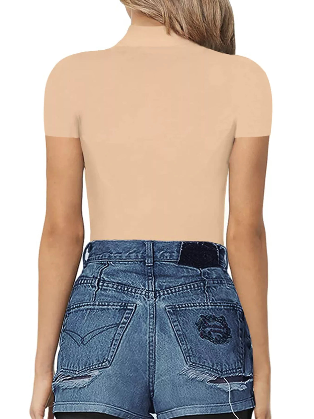 Mock neck short sleeve bodysuit three quarter view