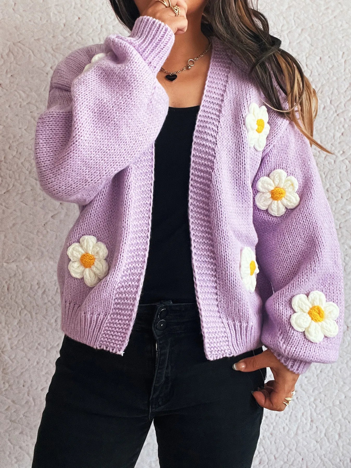 Flower Open Front Long Sleeve Cardigan - Fashorio