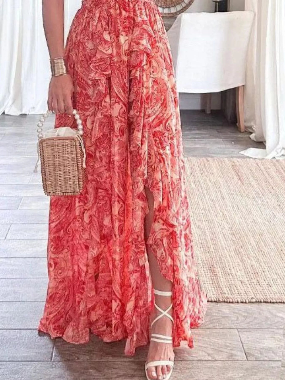 Ruffled cutout V neck maxi dress styled look