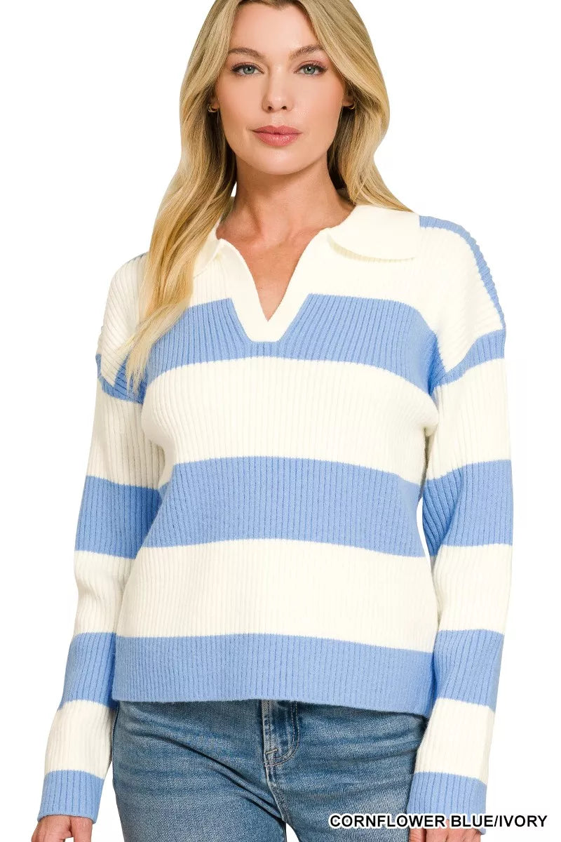 Cornflower blue and ivory striped collared oversized sweater front view