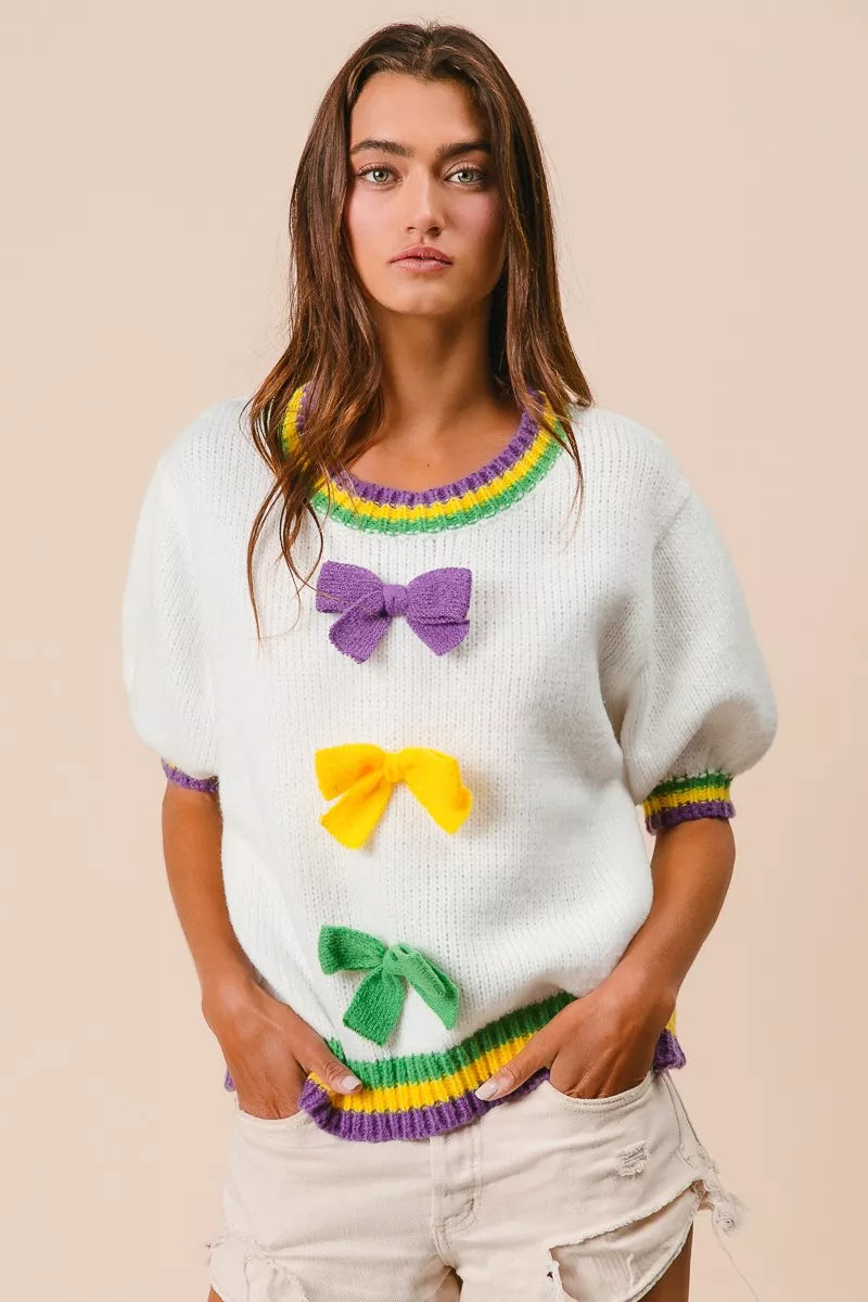 Puff Sleeve Ribbon Bow Sweater in Ivory view 9