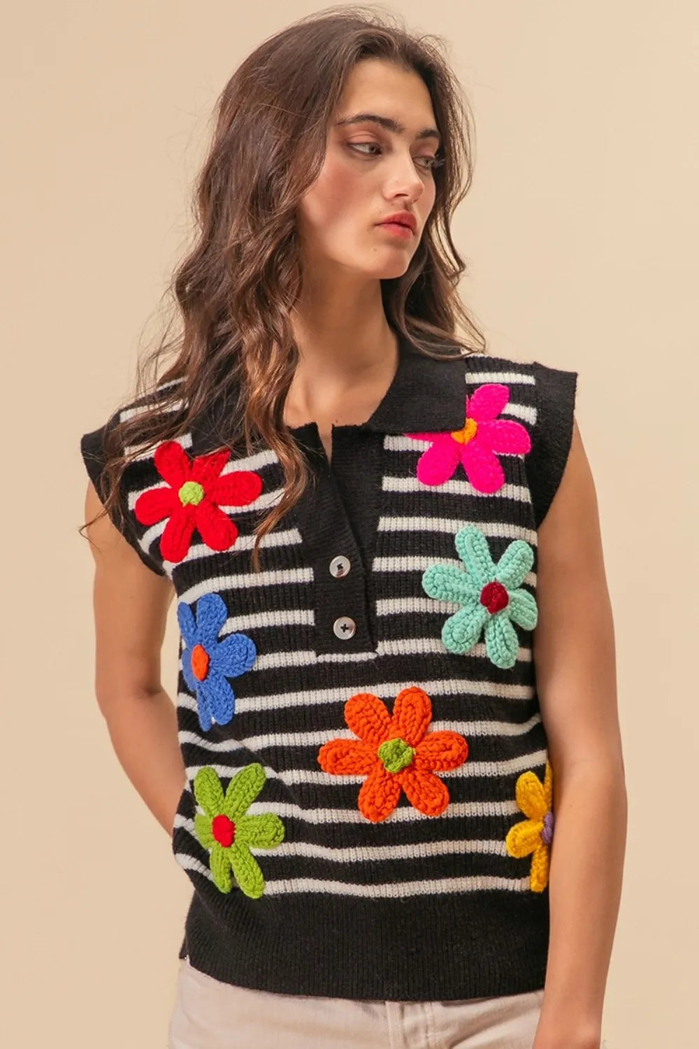 Floral Striped Half Button Sweater Vest back view