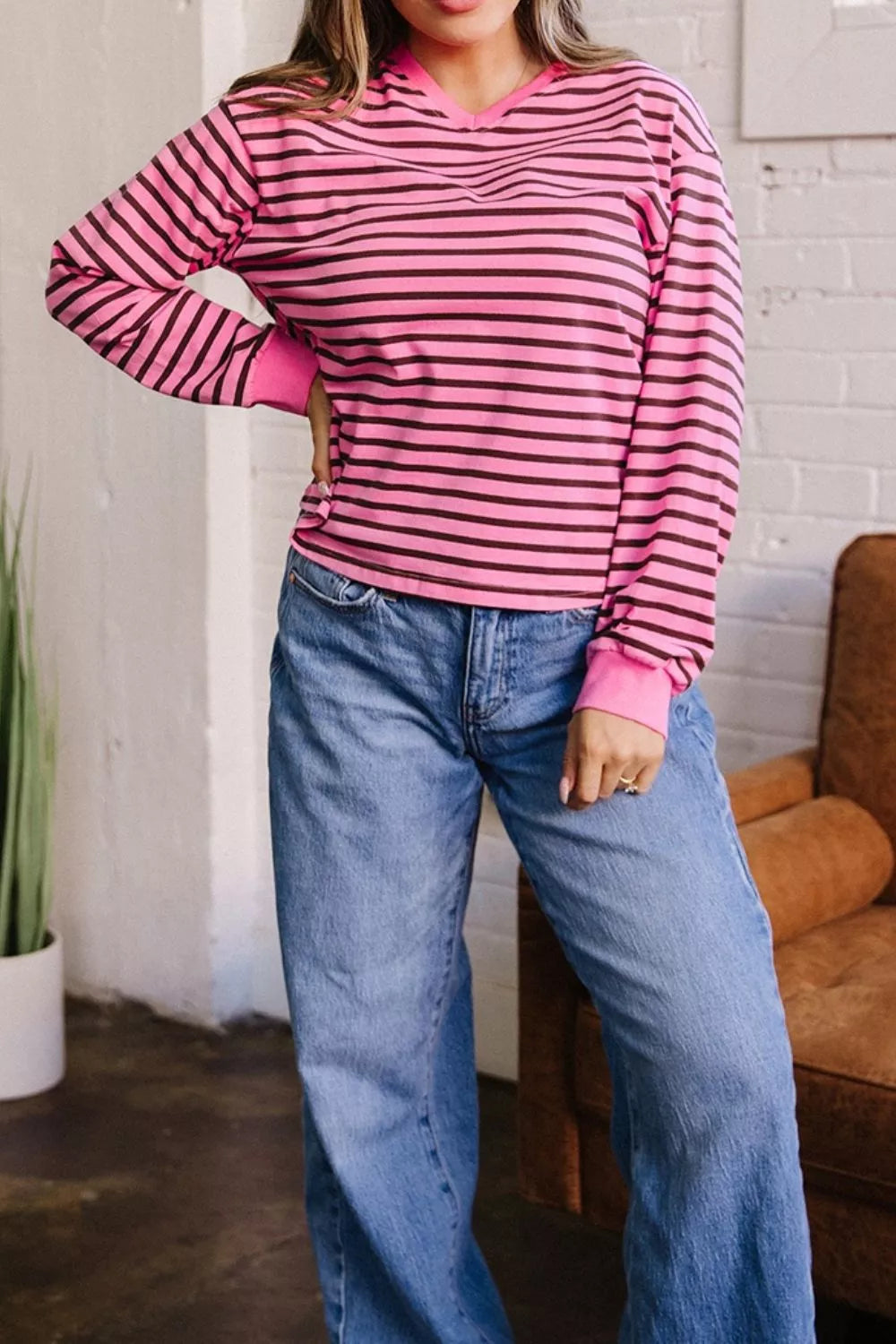 Drop shoulder detail on the striped long sleeve top