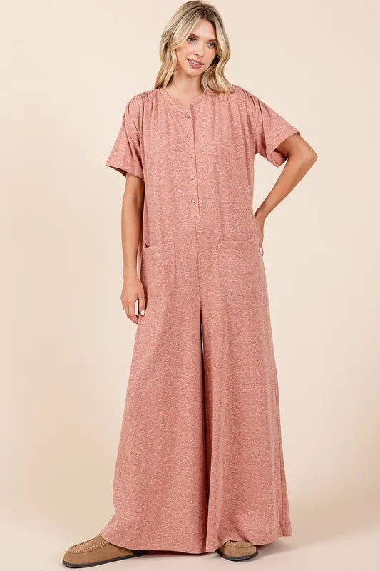 Button Detail Short Sleeve Wide Leg Jumpsuit side view