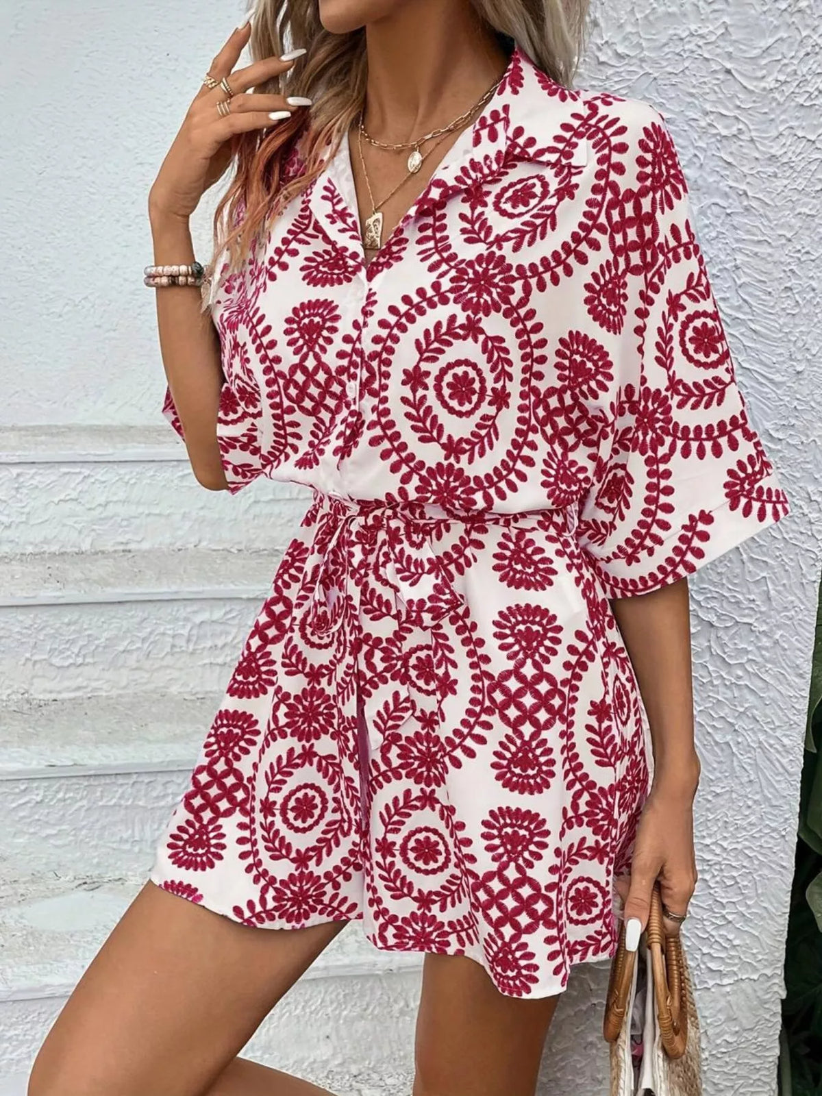 Printed tie waist button front romper, back view