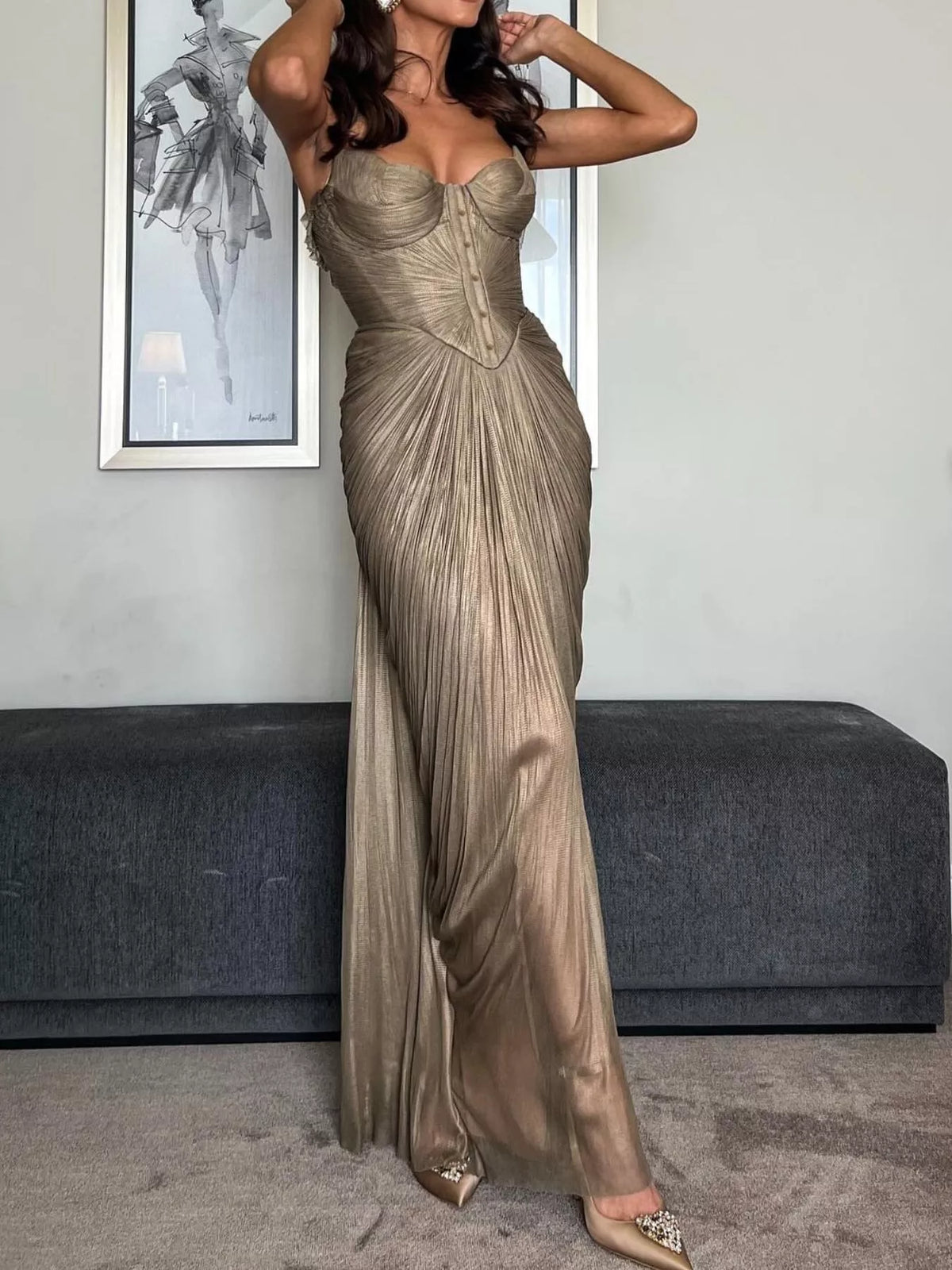 Gold metallic pleated corset maxi dress back view