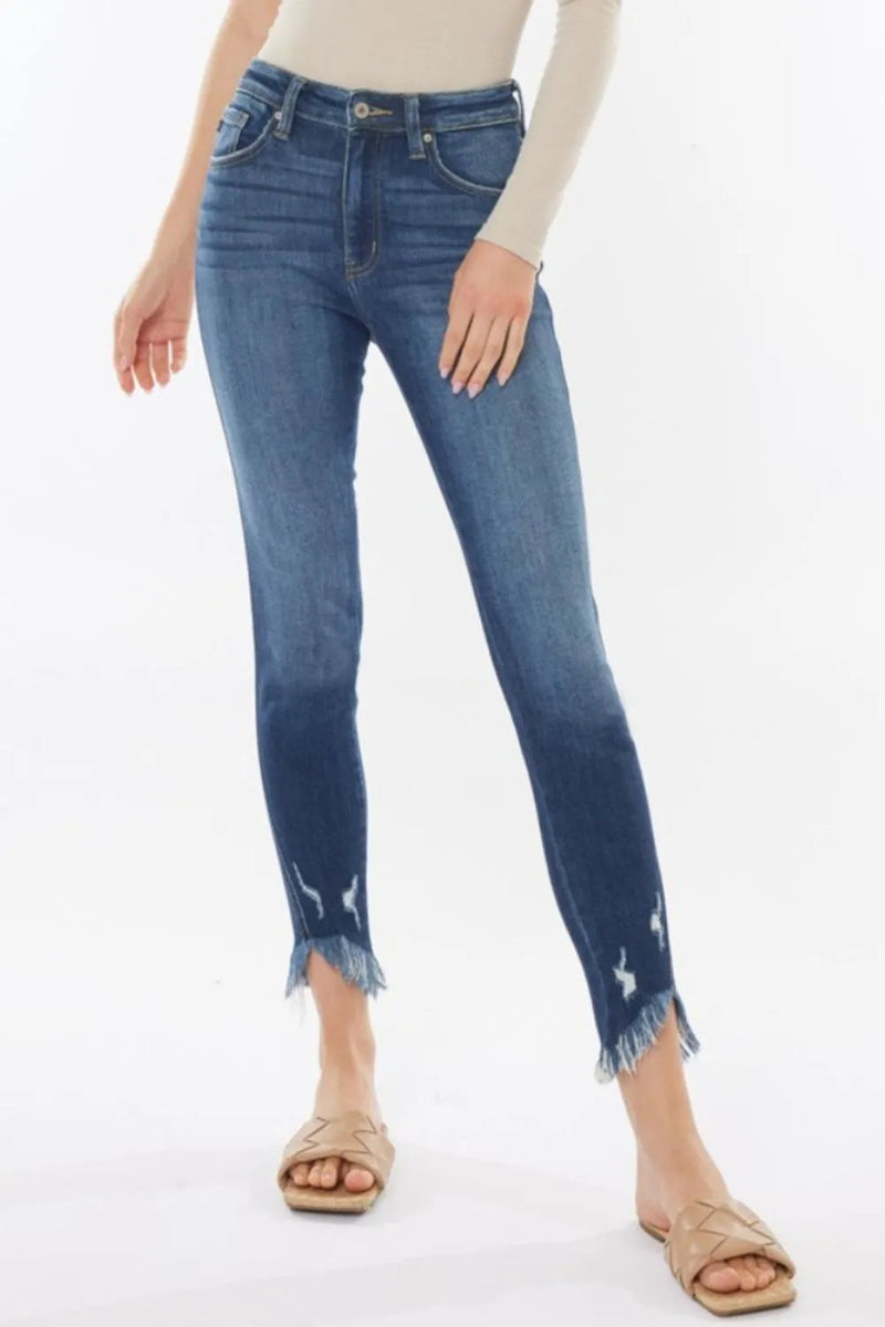 Dark wash high waist cropped jeans with raw hem front view