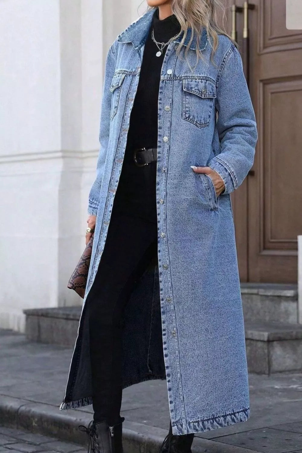 Longline Button Down Denim Jacket in Blue side view