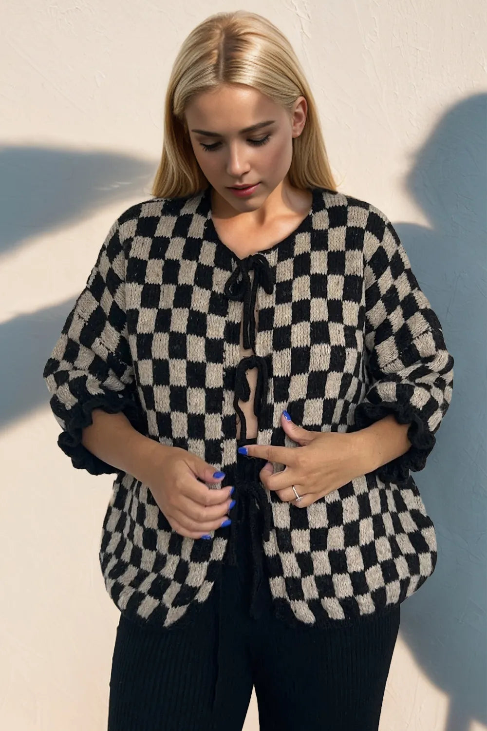 Double Take Tied Checkered Dropped Shoulder Flounce Sleeve Cardigan Black - Fashorio