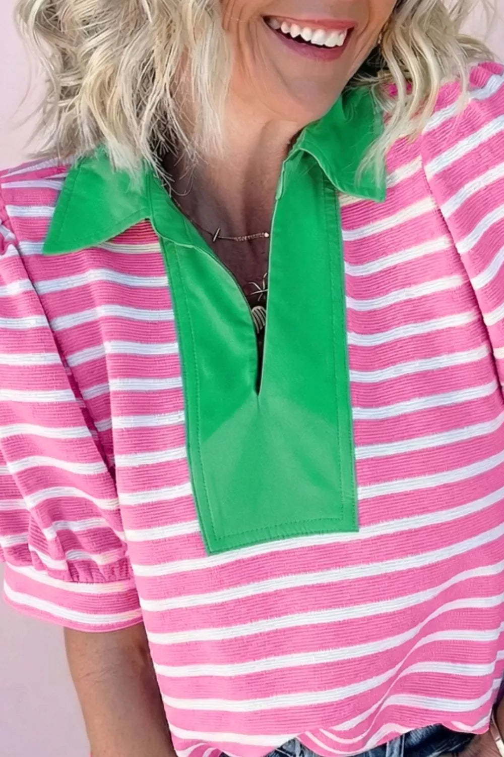 Pink striped color block puff sleeve polo blouse front view