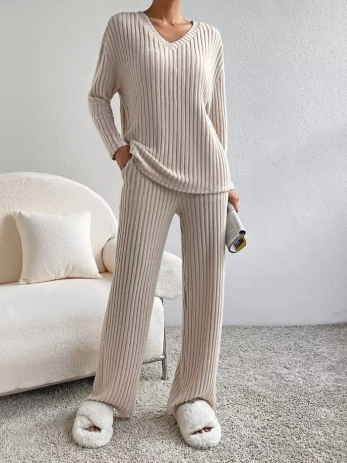 Coordinated ribbed knit top and pants side view