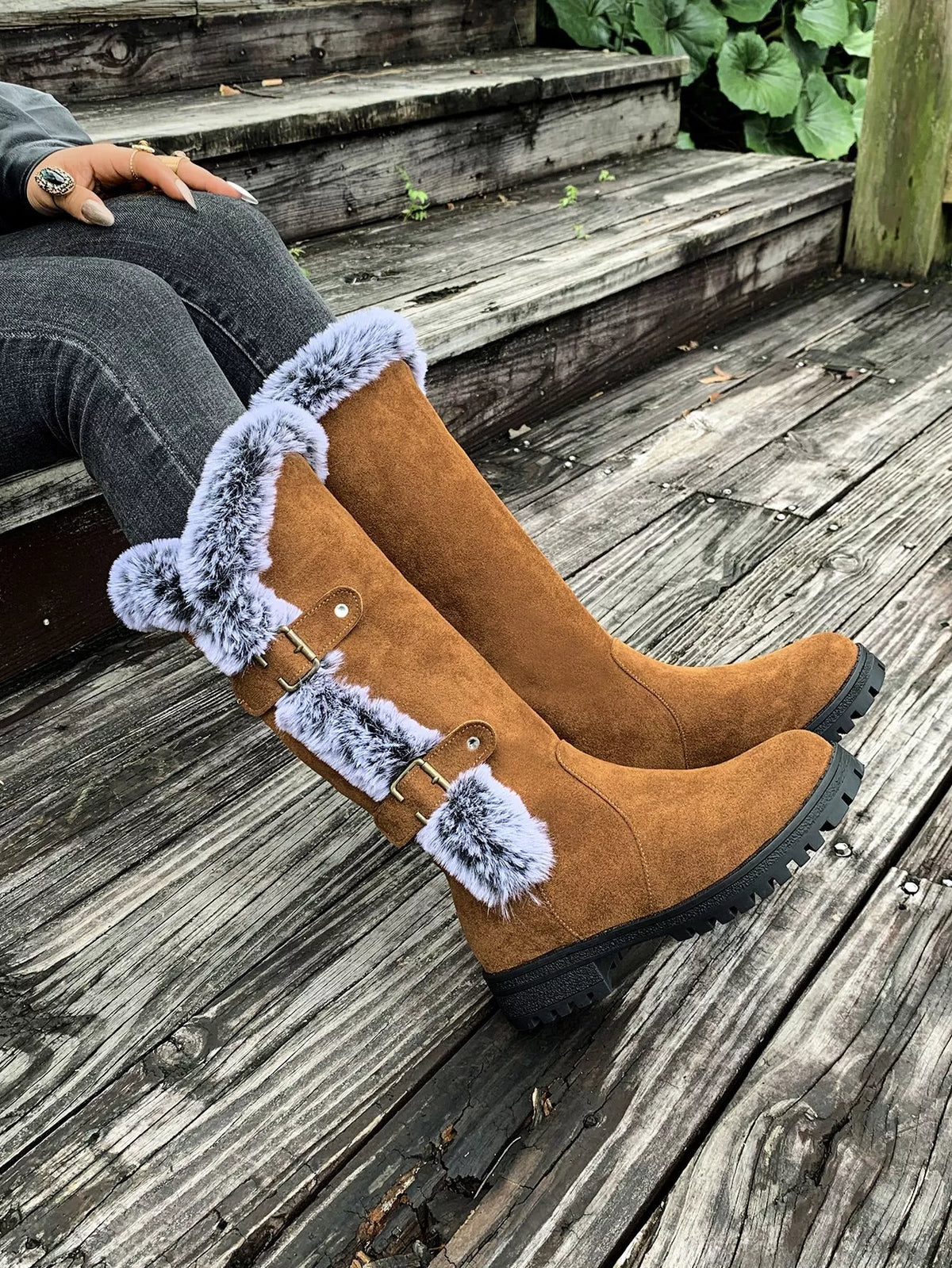 Suede round toe block heel boots strap detail