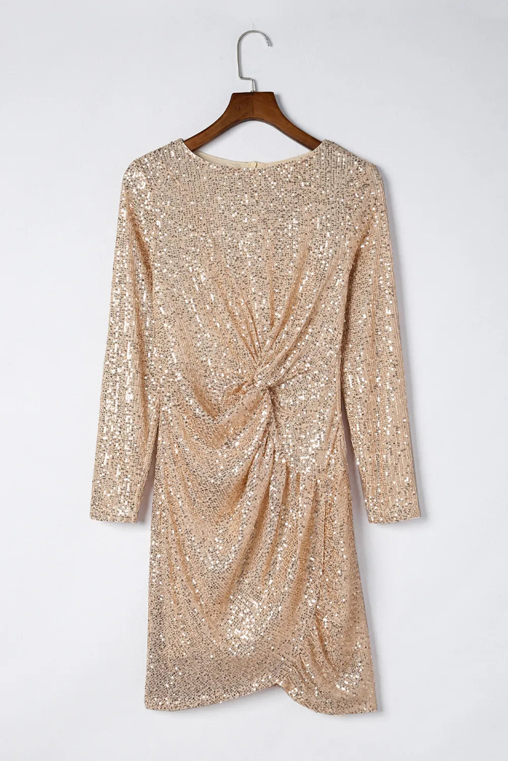 Sequin Knot Front Long Sleeve Mini Dress in Beige view 7