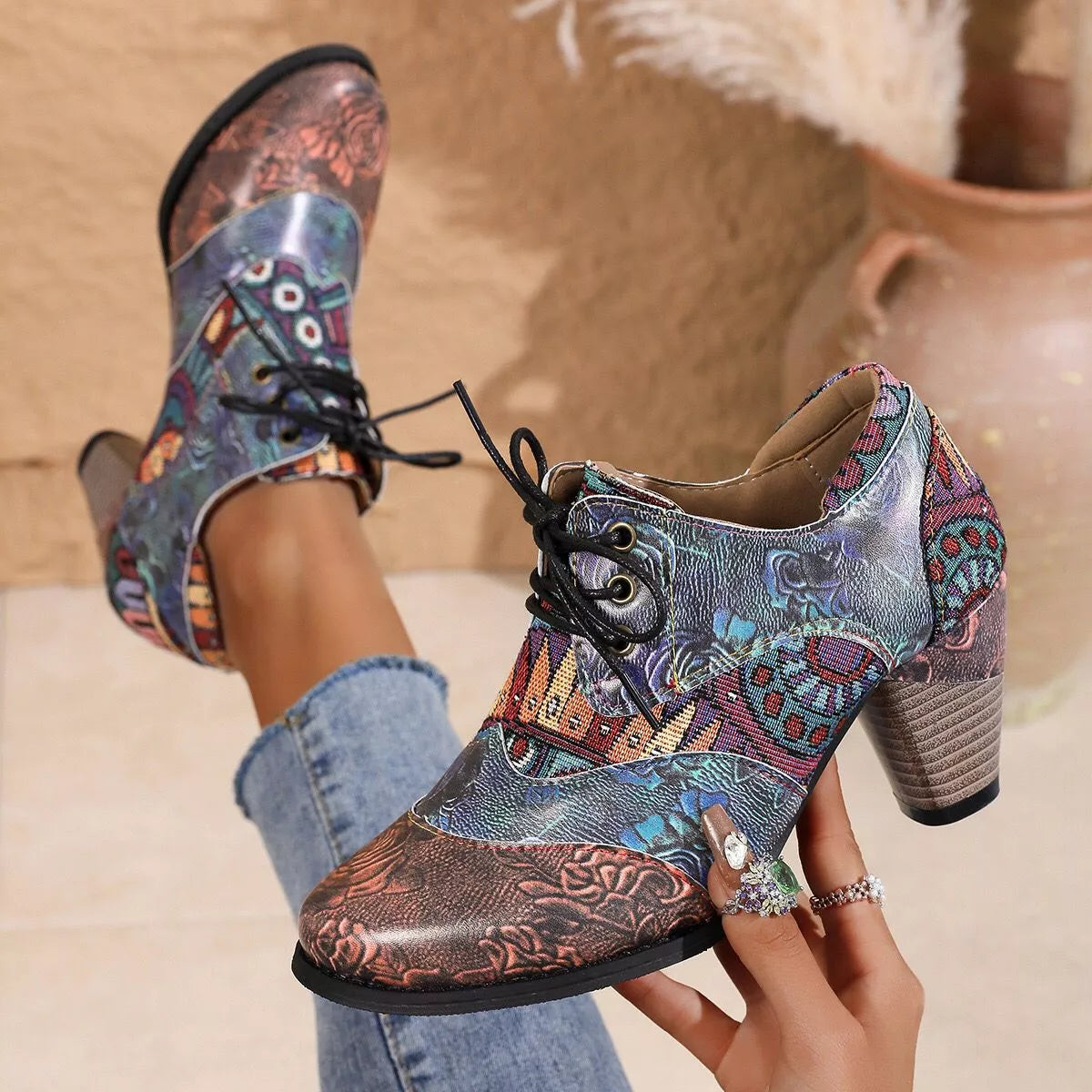 Lace up block heel ankle boots laces detail