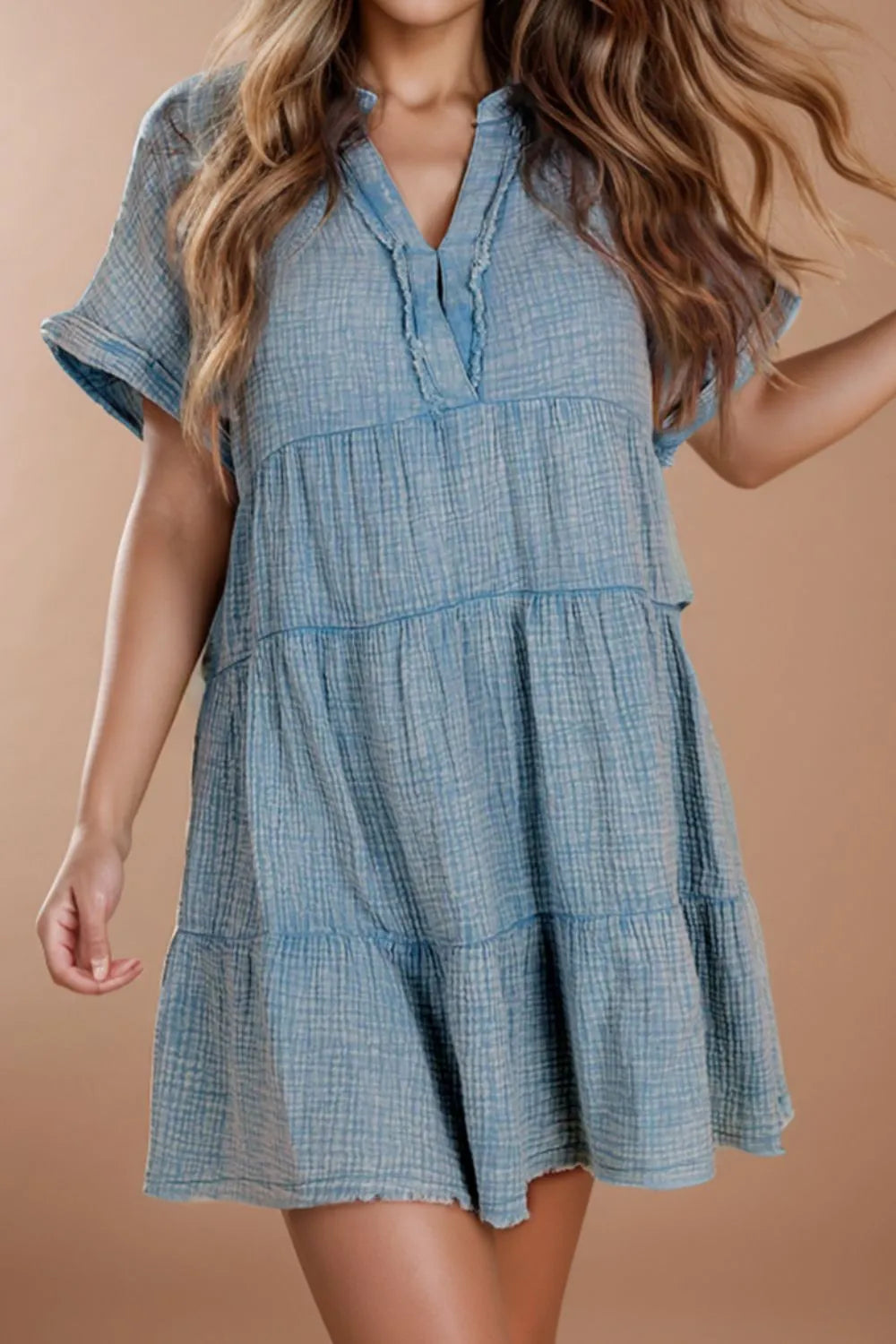 Tiered notched short sleeve cotton dress front view