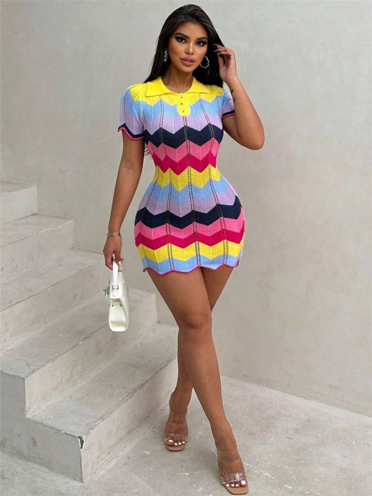 Chevron knit mini dress side styling