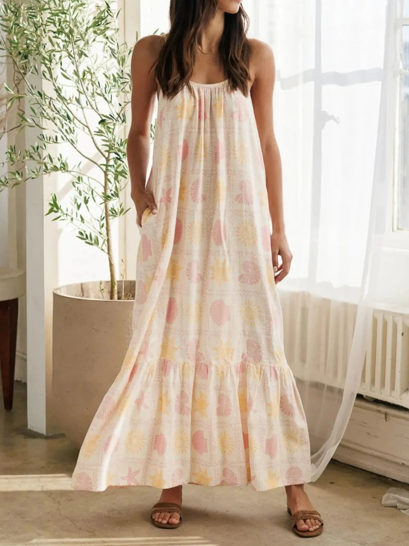 Printed Maxi Lounge Dress with Ruffled Hem Apricot - Fashorio