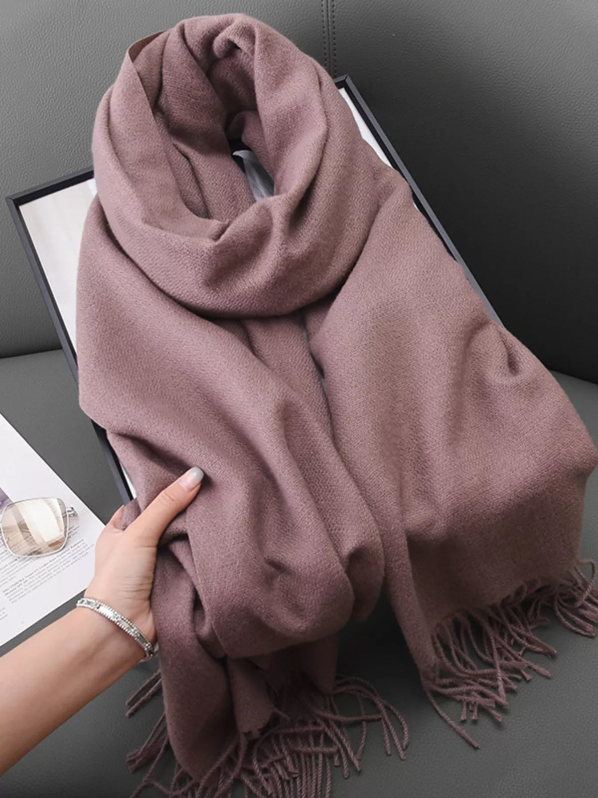 Solid color fringe scarf color option four