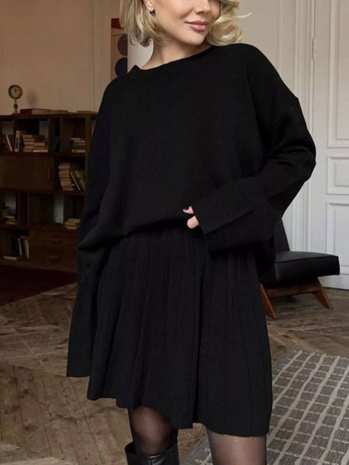 Pleated skirt sweater set knit texture