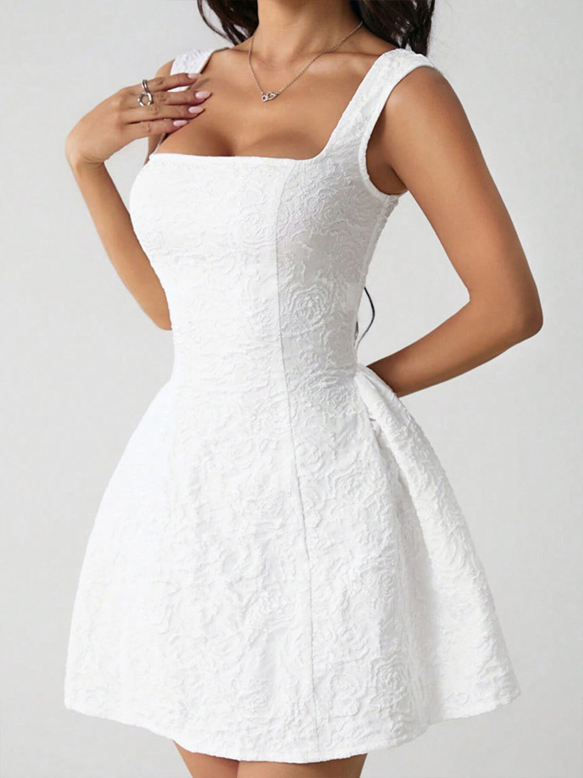 textured square neck mini dress styled full length look