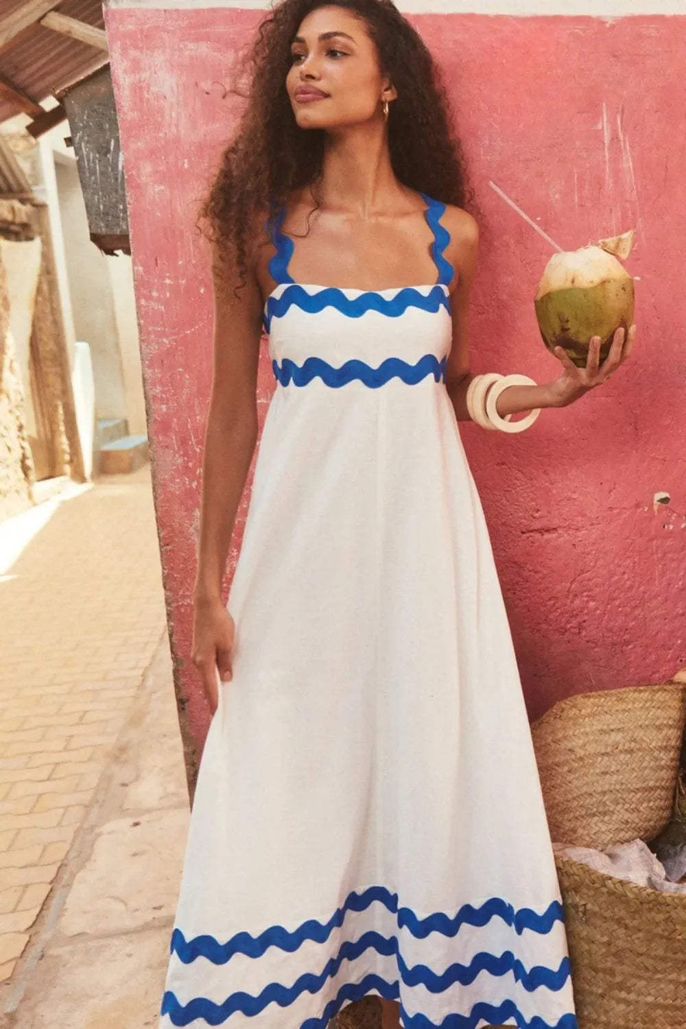 Contrast trim square neck wide strap dress front view