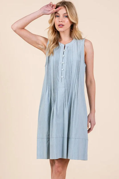 Lime 'N' Chili Denim Pintuck Detail Sleeveless Midi Dress LT DENIM - Fashorio