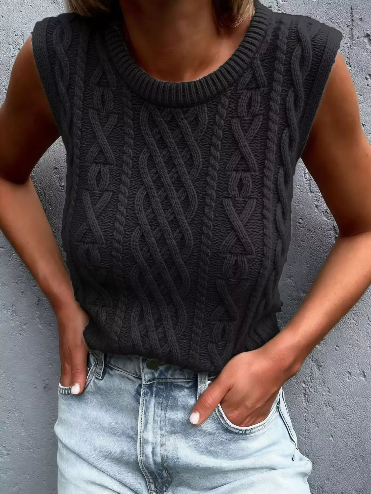 Cable Knit Sweater Vest in Gray side view