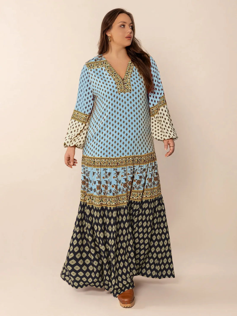 Plus size V neck balloon sleeve maxi dress in sky blue front view