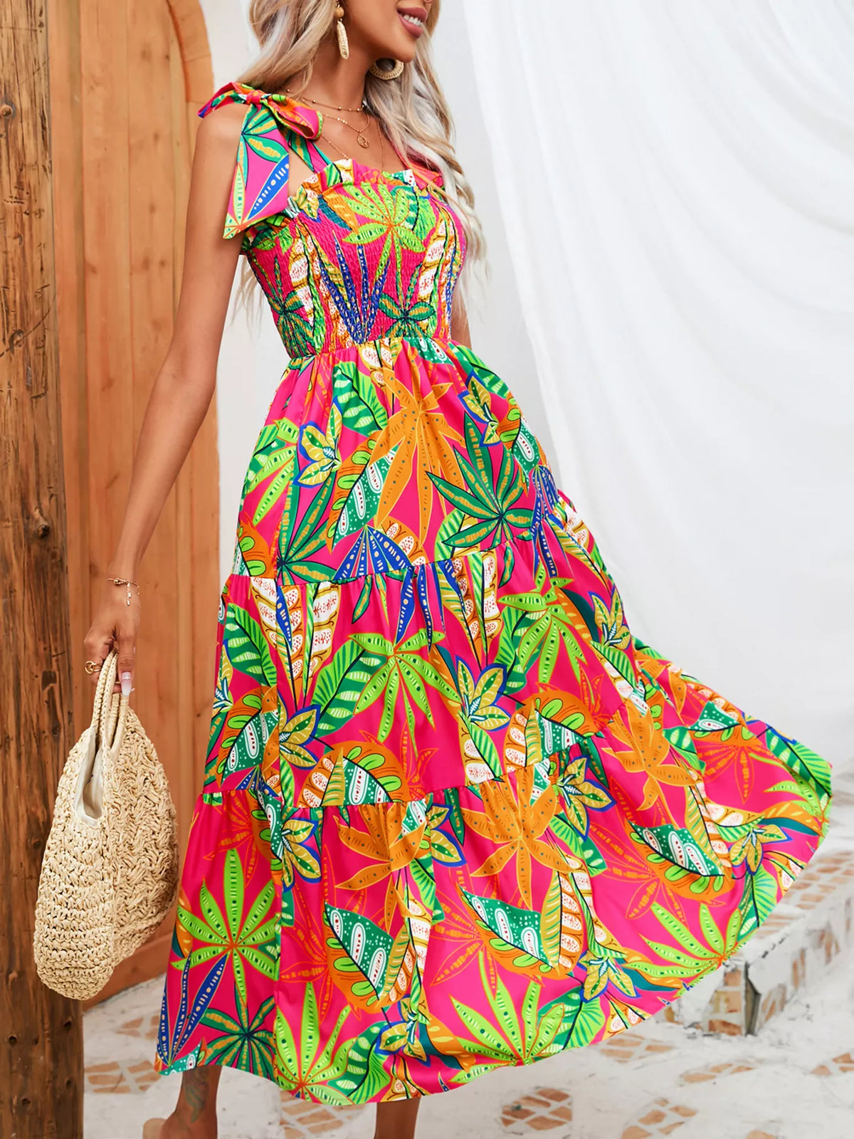 Tropical print smocked tie strap dress styled view