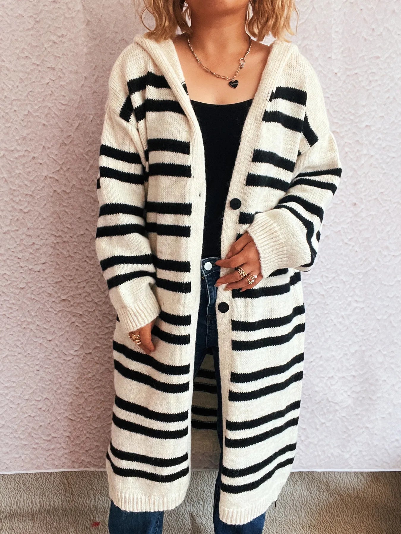 Striped Open Front Hooded Cardigan - Fashorio