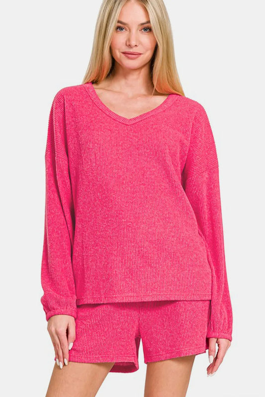 Zenana V-Neck Long Sleeve Ribbed Top and Shorts Set Strawberry - Fashorio